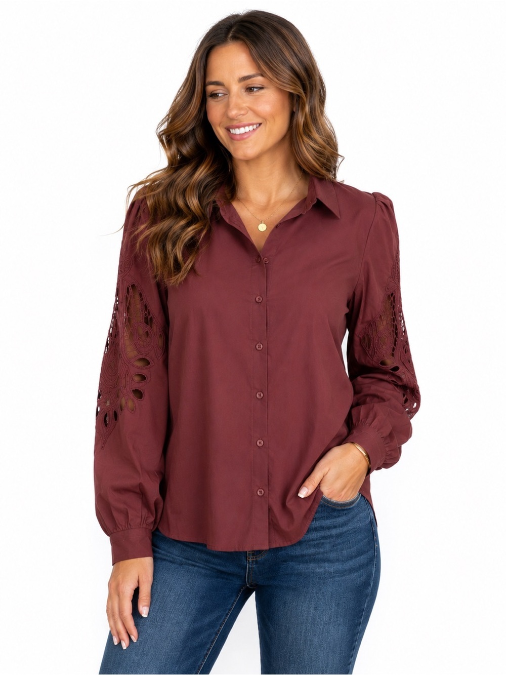 Chico's Maroon Brown Button-Front Blouse Lace Sleeve Cutouts Boho